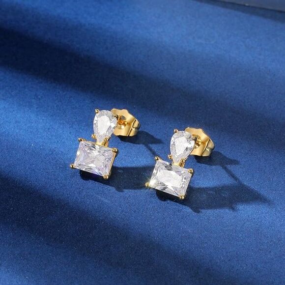 Diamond CZ Square Earrings, Circle Simulated CZ Stud Earrings, Cubic Zirconia - Picture 2 of 4